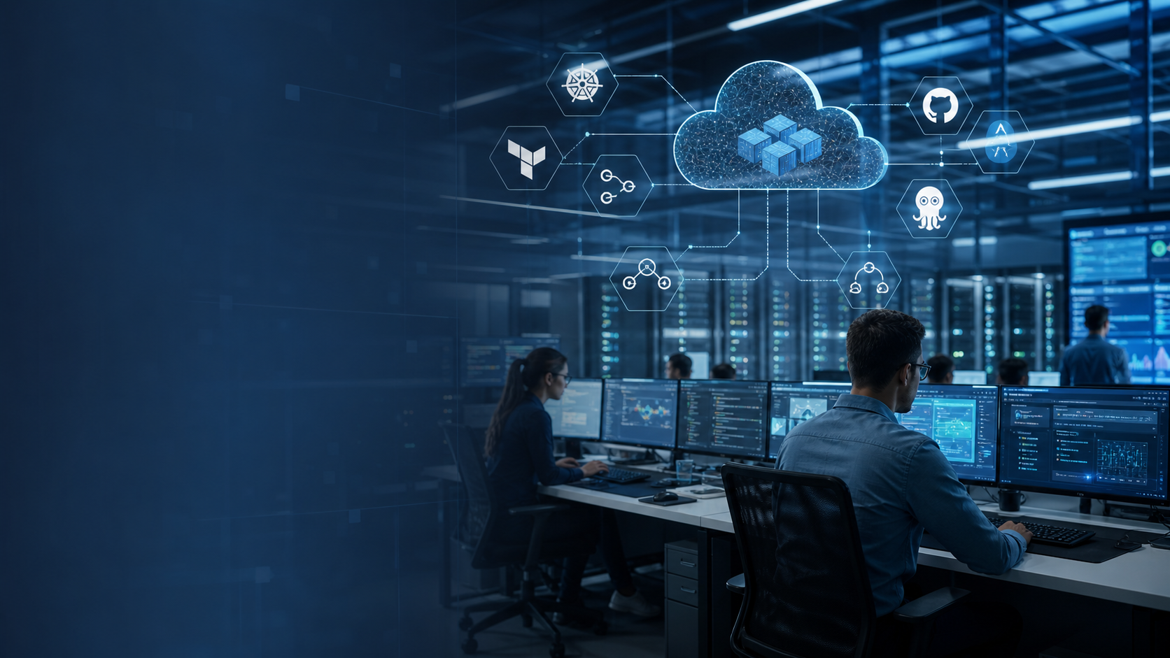 Sala moderna de operações com infraestrutura híbrida, cloud e automação de deploy